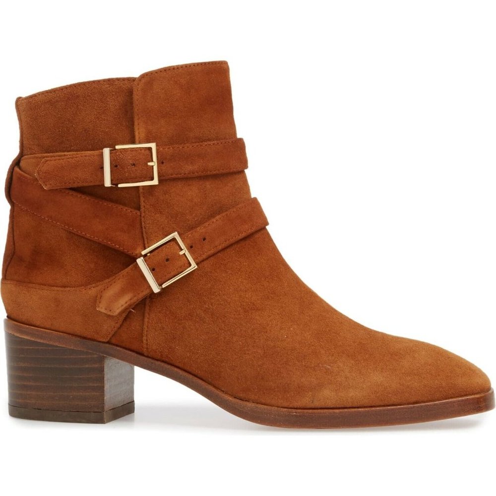 NEW$700 STUART WEITZMAN Sadie Buckle Strap Bootie SUEDE square pointy 7 (S14)